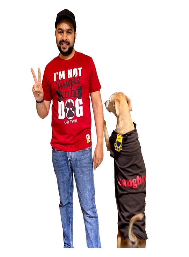 A+a Pets تيشيرت A+a Pets مطبوع عليه رسومات، مقاس عادي، مناسب للبشر (للجنسين) 'Nsd' وللحيوانات الأليفة (الكلاب والقطط) 'Naughty' | نصف كم، رقبة دائرية | خفيف الوزن | قطن (مقاسات البشر: XL، الحيوانات الأليفة: 6XL، أحمر وبني) - Image 1